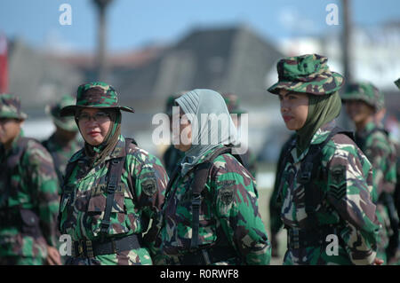 Banda Aceh, Indonesia - August 16, 2005: Indonesian women's military army corps at Indonesian Independence day celebration at Blangpadang, banda aceh Stock Photo