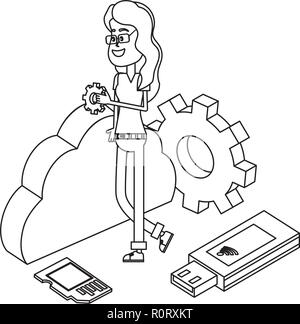 Woman and technology isometric in black and white Stock Vector