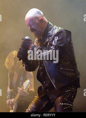 Rob Halford and (rear) K.K. Downing Judas Priest performing live in concert at Acer Arena. Sydney, Australia. 13.09.08. Stock Photo
