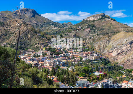 The view from the small village Castelmola at mountain top above Taormina, with the view of Mediterranean Sea. Castelmola, Sicily, Italy. Stock Photo