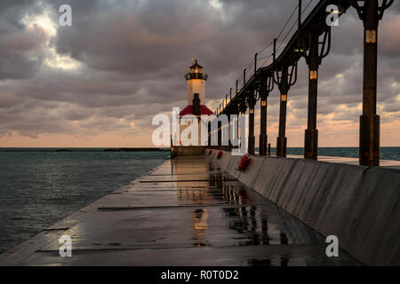 Michigan city lighthouse at sunrise.  Indiana, USA. Stock Photo