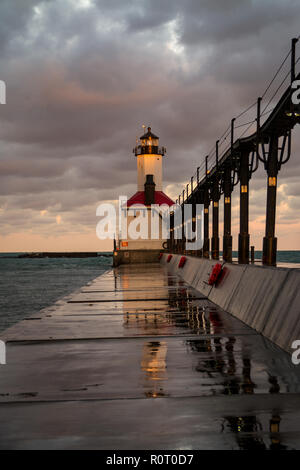 Michigan city lighthouse at sunrise.  Indiana, USA. Stock Photo