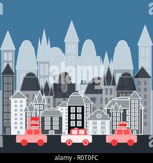 Street, highway with cars. Some cars with luggage on top. The contour of the big city. Blue background. Vector illustration. Flat design for real esta Stock Vector