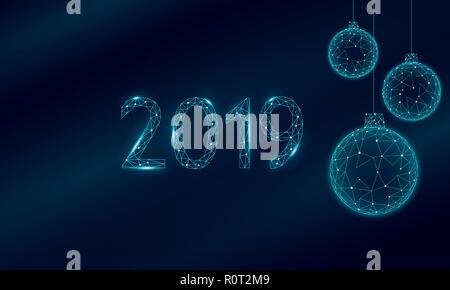 Low poly 3D Christmas tree balls holiday greeting card. Happy new year blue dark night sky black. Date 2019 numbers geometric toy decoration bauble sphere polygonal triangle number vector illustration Stock Vector