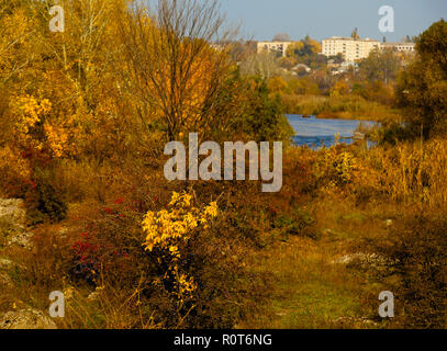 panorama of the stony river bank golden autumn