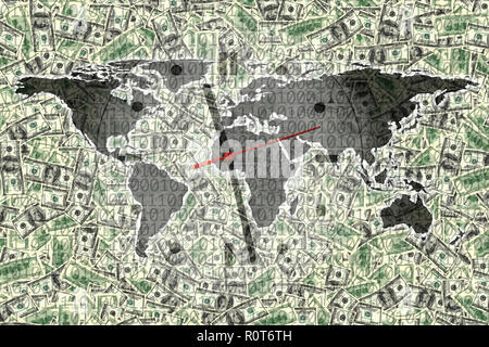 conceptual finance image of world map and clock face over american one hundred dollar bill pile and binary code. NASA world map image layered and used Stock Photo