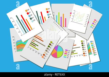 Different graphs. Columns, pie charts, graphs of revenue growth, information bars. Modern flat style. Vector illustration for business, infographic, c Stock Vector