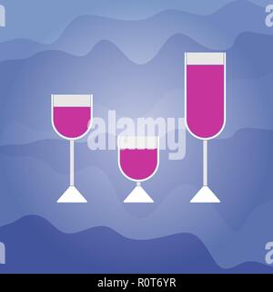 Three full wine glasses: shot glass, wine glass, champagne glass. Modern flat design on a blue background. Vector illustration. Suitable for restauran Stock Vector