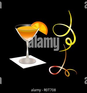 Orange fruit juice in a glass. Festive serpentine. Cocktail glass with orange slice on a napkin. Vector illustration. Theme holidays, healthy lifestyl Stock Vector
