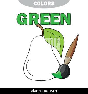 Coloring book page for preschool children with outlines of pear. Vector illustration for kids education. Learn the green color Stock Vector