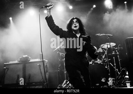 Killing Joke (vocallist Jaz Coleman) live performance in Newcastle 4th November 2018 at Northumbria Institute in black and white Stock Photo