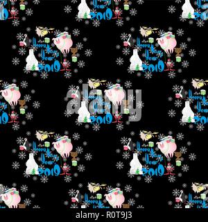 seamless pattern with santa, elk, christmas tree, gifts of happy new year Stock Vector
