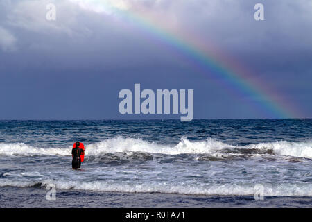 Surfing in the Atlantic Ocean on the East Coast of Gran Canaria on a stormy day Stock Photo