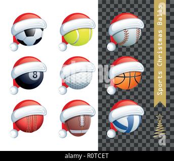Collection of 9 different sports balls with a Santa Claus hat for your creative work. Vector illustration. Stock Vector
