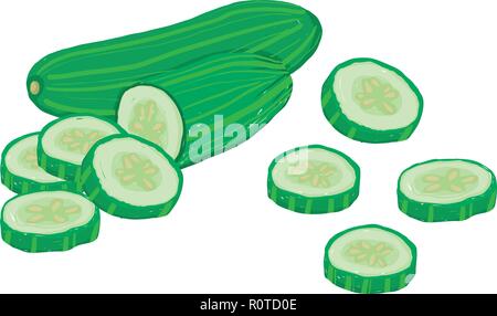 Vector painterly set of cucumbers, raw and sliced. Editable, scalable illustration isolated on a white background. Use it for recipes, restaurant menu Stock Vector