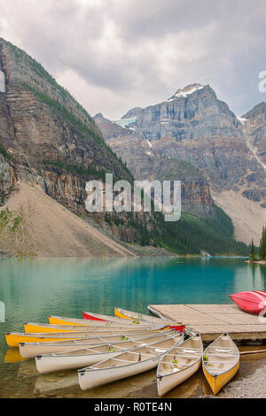 Canoes on Moraine Lake.Banff National Park. Canadian Rocky Montains. Alberta. Canada Stock Photo