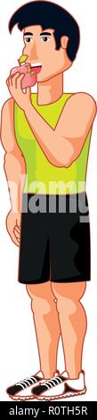 young athletic man eating apple vector illustration design Stock Vector