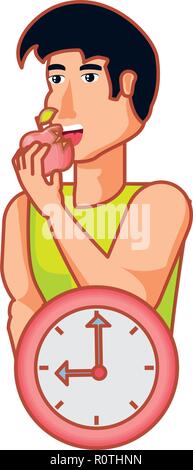 young athletic man eating apple with clock vector illustration design Stock Vector