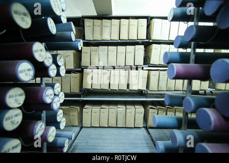 BUCHAREST, ROMANIA - October 31, 2018: Historical archives stacked in a deposit of Romanian National Archives headquarters Stock Photo