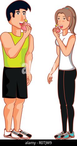 young athletic couple eating apple vector illustration design Stock Vector
