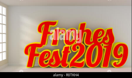 Red German words Merry Christmas 2019 in a bright room with space for text or image, 3d rendering Stock Photo
