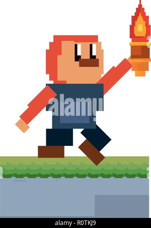 character with torch pixel video game vector illustration Stock Vector ...