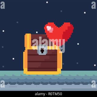 pixel video game treasure chest heart vector illustration   Stock Vector