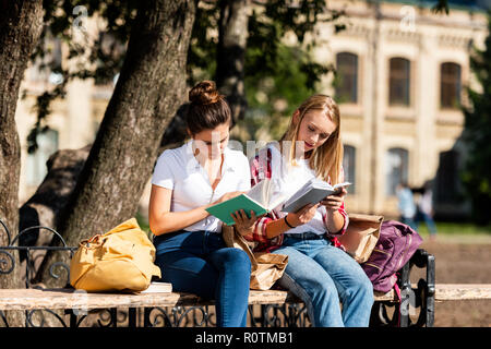 teen schoolgirls sitting on bench and doing homework together Stock Photo
