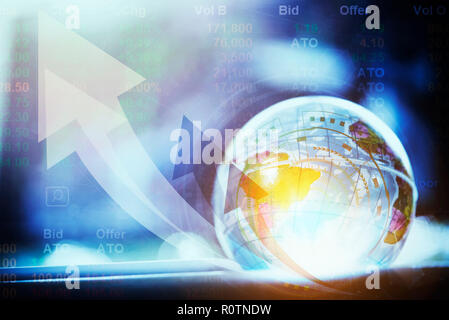 Globe with technology  and business icons. Worldwide business concept with growth arrow. Stock Photo