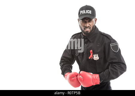 angry african american police officer with boxing gloves isolated on white, fighting aids concept Stock Photo