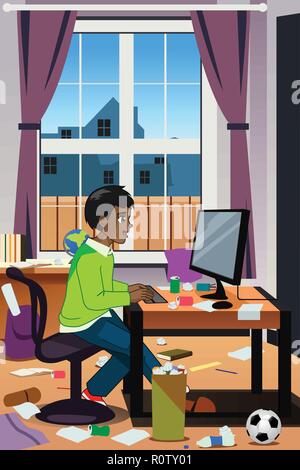 A vector illustration of Teenager Working on His Computer Stock Vector