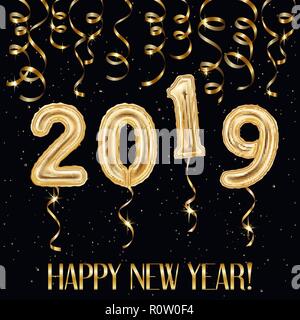 Realistic golden balloons and streamers, confetti 2019 happy new year inscription on black background, vector illustration Stock Vector