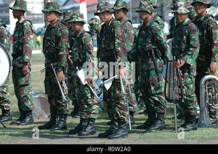 Banda Aceh, Indonesia - August 16, 2005: Indonesia military marching band at Indonesian Independence day celebration at Blangpadang, banda aceh Stock Photo