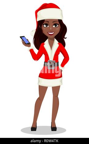Merry Christmas and Happy New Year. African-American woman in Santa Claus costume, usable for landing page, greeting card, etc. Cartoon character hold Stock Vector