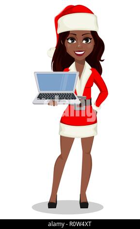 Merry Christmas and Happy New Year. African-American woman in Santa Claus costume, usable for landing page, greeting card, etc. Cartoon character hold Stock Vector