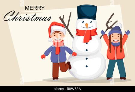 Merry Christmas greeting card with cheerful kids playing with snowman, cute cartoon characters. Usable for greeting card, poster, flyer. Vector illust Stock Vector
