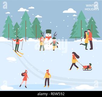 People relax in the park and celebrate winter holidays, flat design, set of vector illustrations. Active adult people and children having fun outdoors Stock Vector