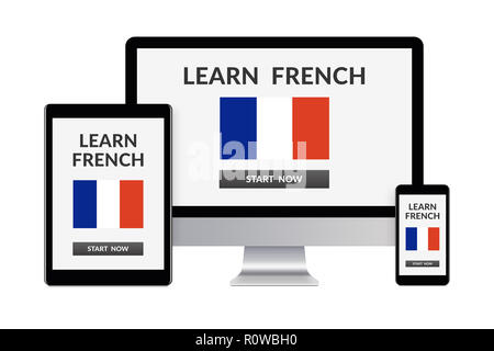 Desktop computer, tablet and smartphone isolated on white with learn french concept on screen. Digital generated devices. Stock Photo