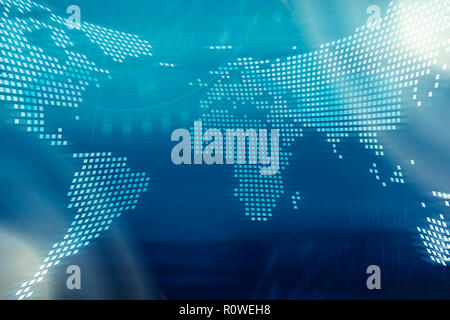 Technology background. Digital world map with technology icons on blurred blue background. Stock Photo