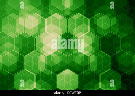 Technology background. Many hexagonal chain with light. Abstract backdrop. Green color tone. Stock Photo