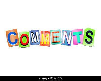 3d illustration depicting a set of cut out printed letters arranged to form the word comments. Stock Photo