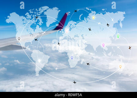 Network connection partnership logistics and world map with port in ...