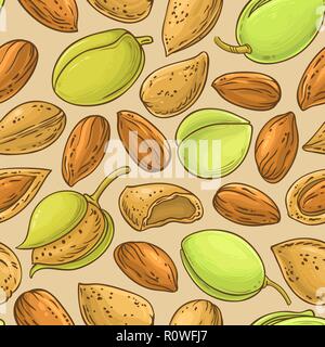 almond nuts vector pattern on color background Stock Vector