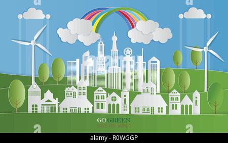 Landscape of city in nature, GO GREEN SAVE THE WORLD concept, Paper art style. Vector illustration Stock Vector