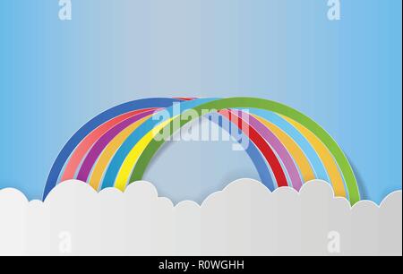 Rainbow with clouds in the sky, Paper art style. Vector Illustration Stock Vector