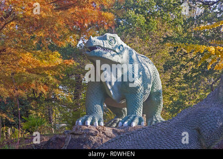 A life-size model of a Megalosaurus in The Dinosaur Court at Crystal Palace Park in South East London. Stock Photo