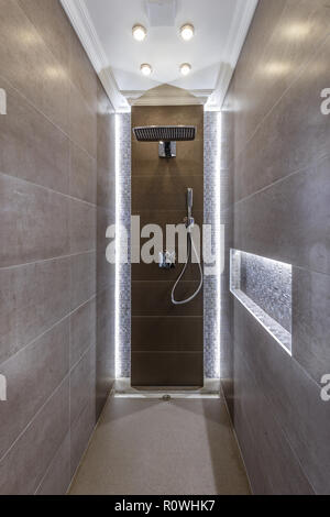 Interior of modern bathroom with separate shower cabin Stock Photo