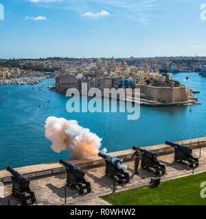 VALLETTA, MALTA – November, 2, 2017: Noon gun firing of Saluting Battery in Valletta, Malta. Stock Photo