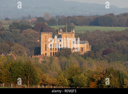 Distant view of Ripon Cathedral, in evening sun, from Fountains Abbey Deer park, North Yorkshire, Uk Stock Photo