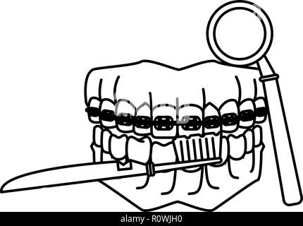 cartoon dental care denture black and white Stock Vector